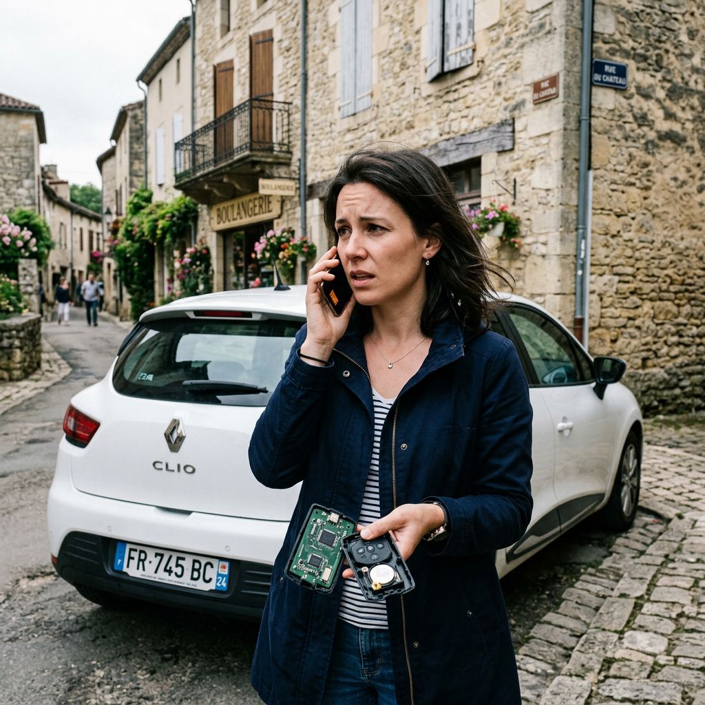 Dépannage serrurier automobile Magalas Femme en panne à Magalas contactant un serrurier automobile, tenant une clé de Renault Clio cassée