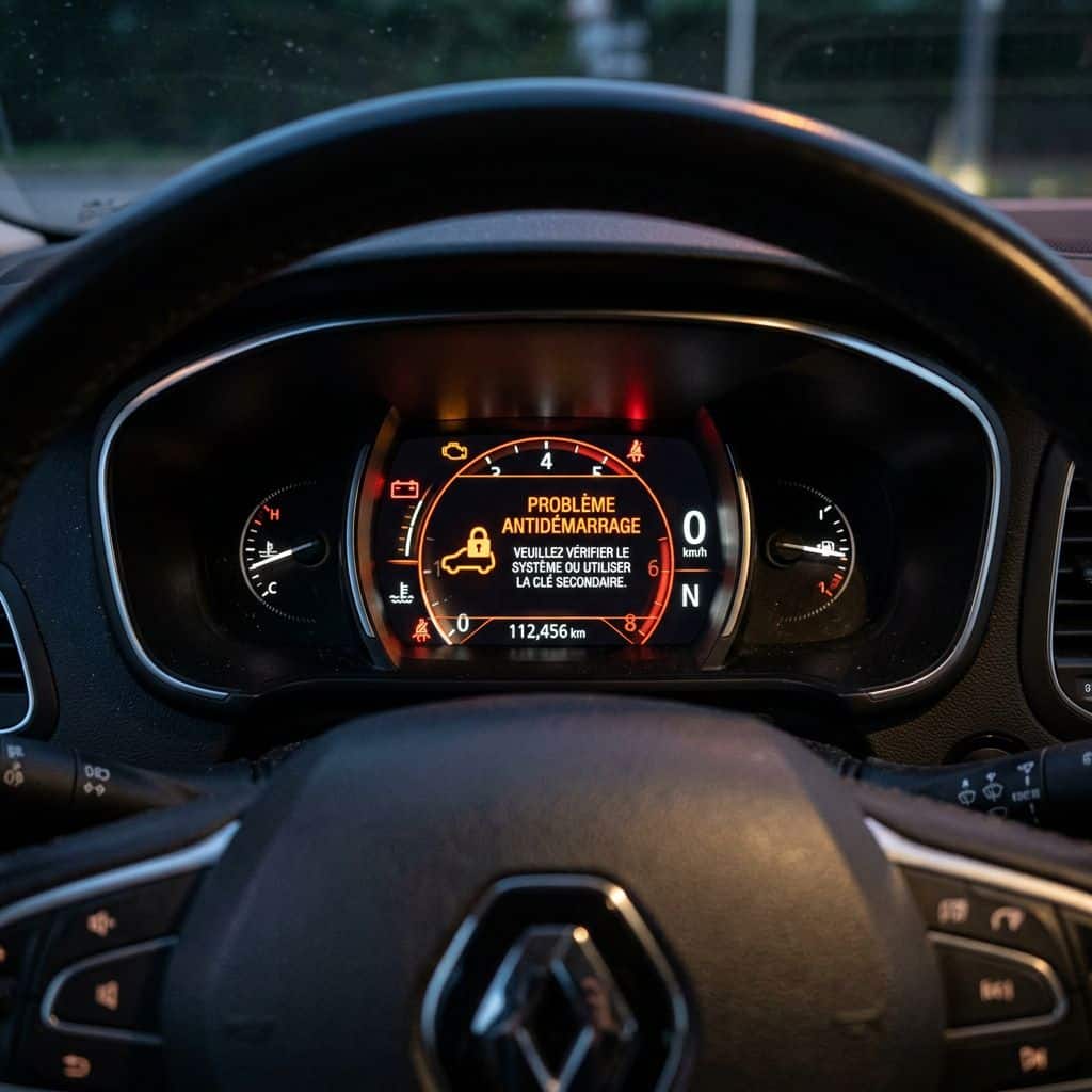 Tableau de bord Renault affichant un message d'erreur lié à un problème d'antidémarrage.